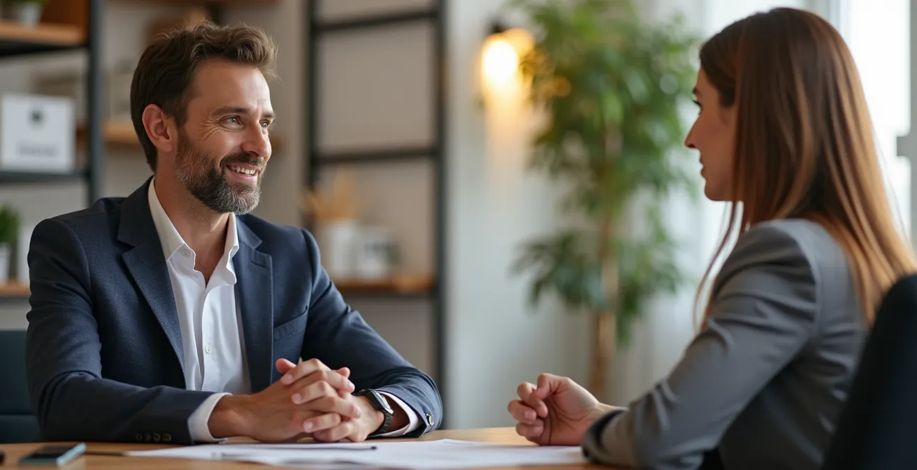 Image montrant une interaction professionnelle entre un client et un agent immobilier dans une agence à Empuriabrava