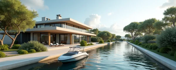 Vue aérienne d'une villa méditerranéenne moderne avec amarre privée sur un large canal d'Empuriabrava, illustrant un cadre de vie luxueux et nautique