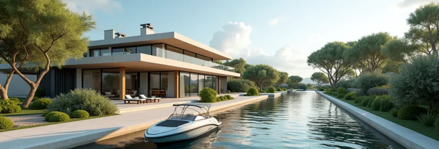 Vue aérienne d'une villa méditerranéenne moderne avec amarre privée sur un large canal d'Empuriabrava, illustrant un cadre de vie luxueux et nautique