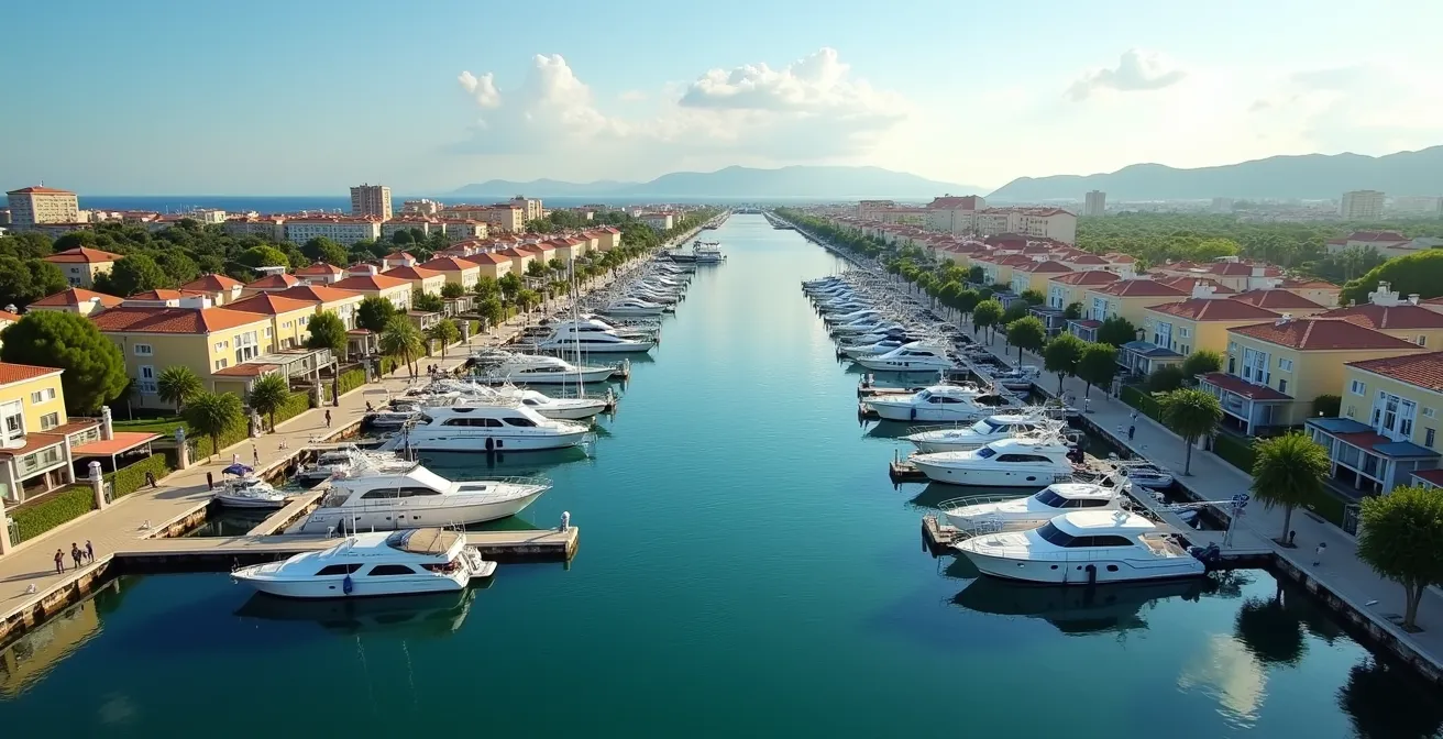 Vue panoramique de la marina d'Empuriabrava montrant les canaux et différentes places d'amarrage