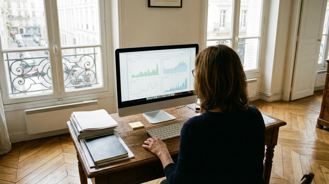Personne consultant des données immobilières sur ordinateur dans un appartement parisien
