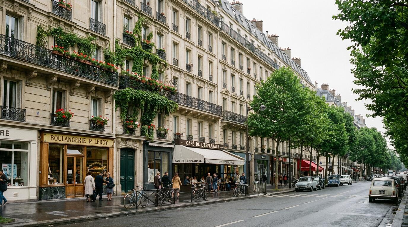 Rue parisienne typique avec façades haussmanniennes et balcons en fer forgé