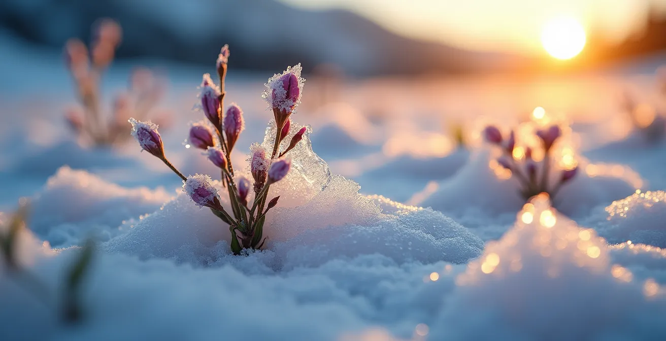 Vue macro de cristaux de glace fondant révélant la végétation alpine printanière