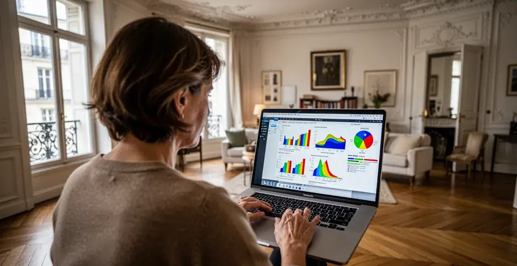 Personne consultant écran avec données immobilières dans appartement parisien pour estimation