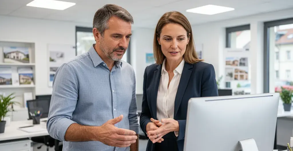 Propriétaire et gestionnaire immobilier consultant un écran dans une agence aux Sables d'Olonne