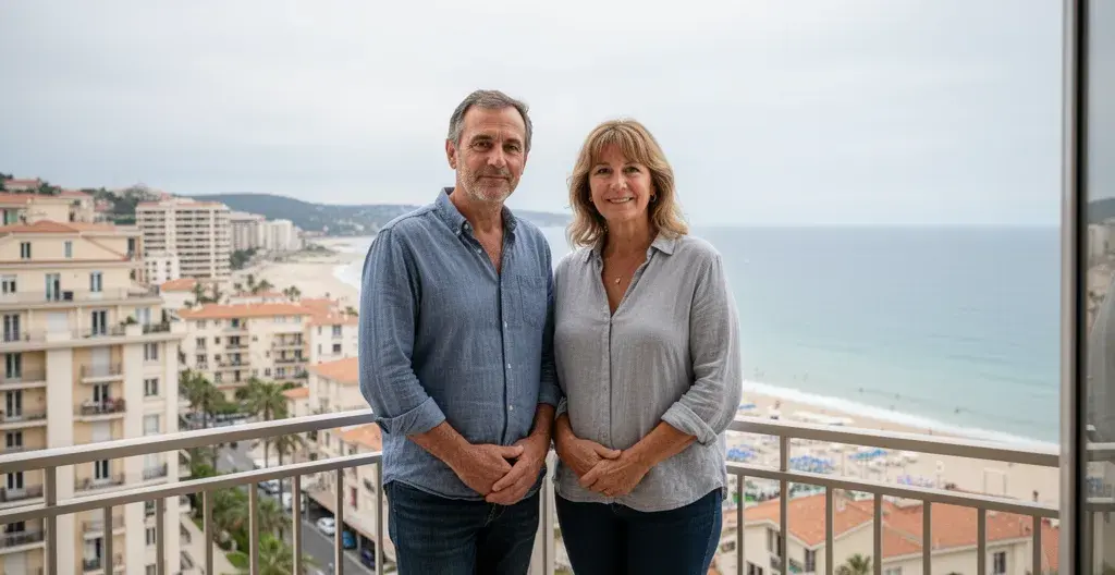 Couple de propriétaires français admirant la vue mer depuis un balcon aux Sables d'Olonne