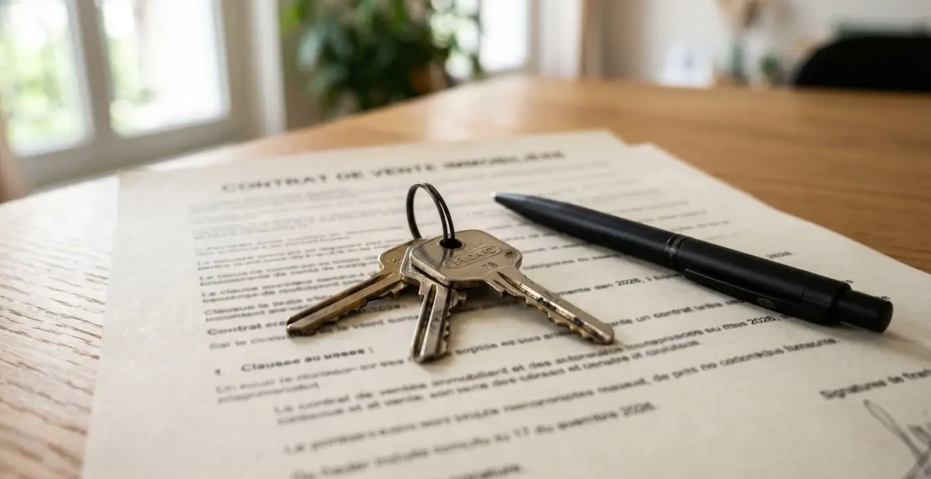 Clés de maison posées sur des documents immobiliers et un contrat avec stylo sur une surface en bois moderne