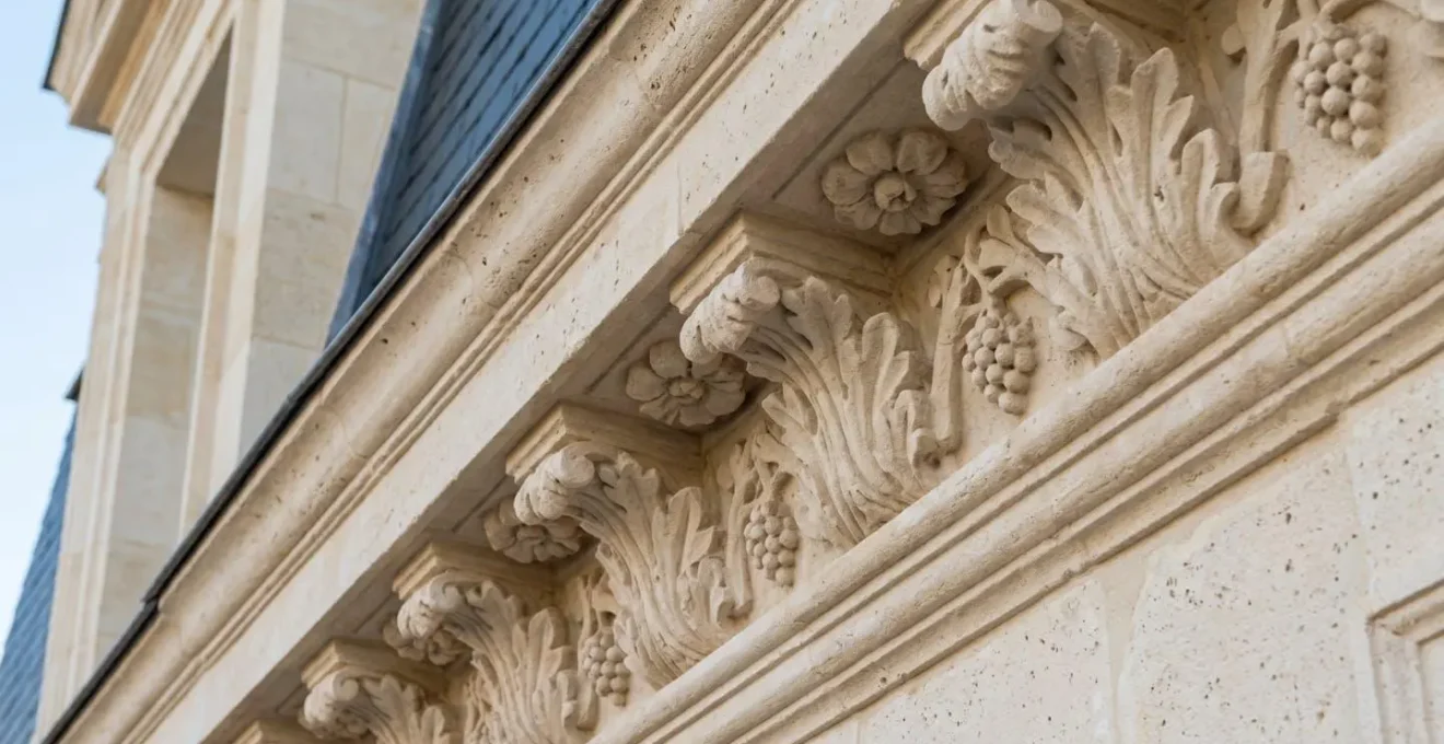 Gros plan sur une corniche en pierre de taille finement sculptée avec motifs floraux, textures visibles et ombres naturelles marquées