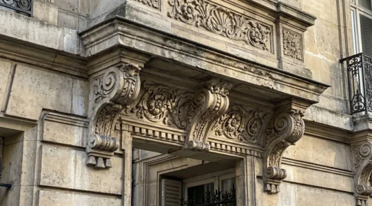Gros plan sur une corniche en pierre de taille finement sculptée avec motifs floraux, textures visibles et ombres naturelles marquées