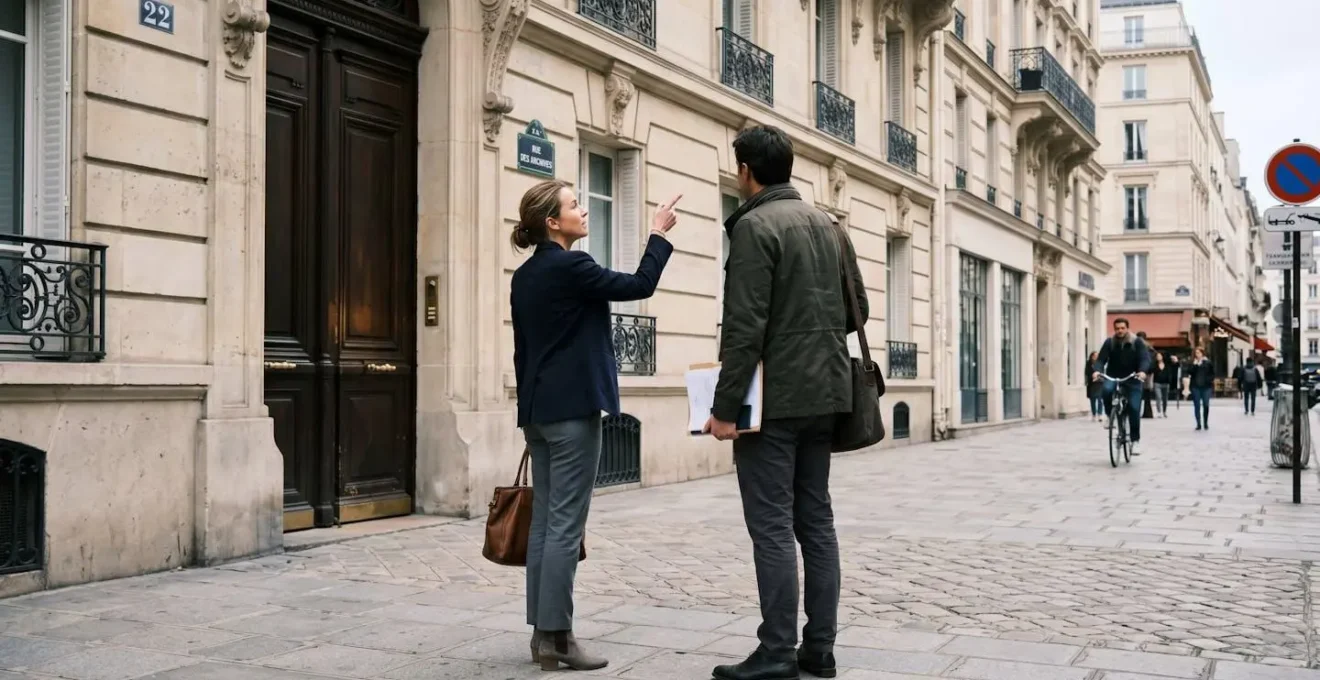 Deux personnes vues de dos observant ensemble la façade en pierre d'une demeure de caractère, postures de discussion professionnelle naturelle