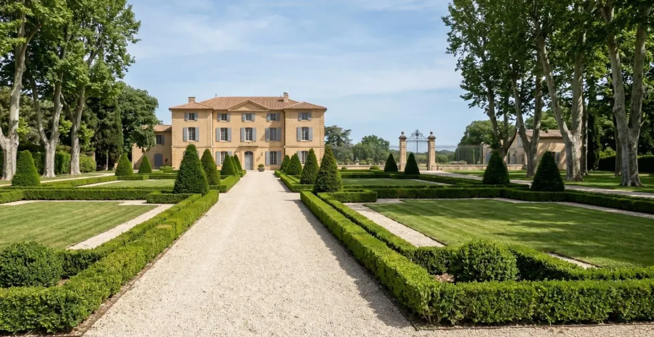 Vue large d'un jardin à la française avec haies taillées géométriques, allée de gravier et bastide en pierre au second plan sous lumière naturelle