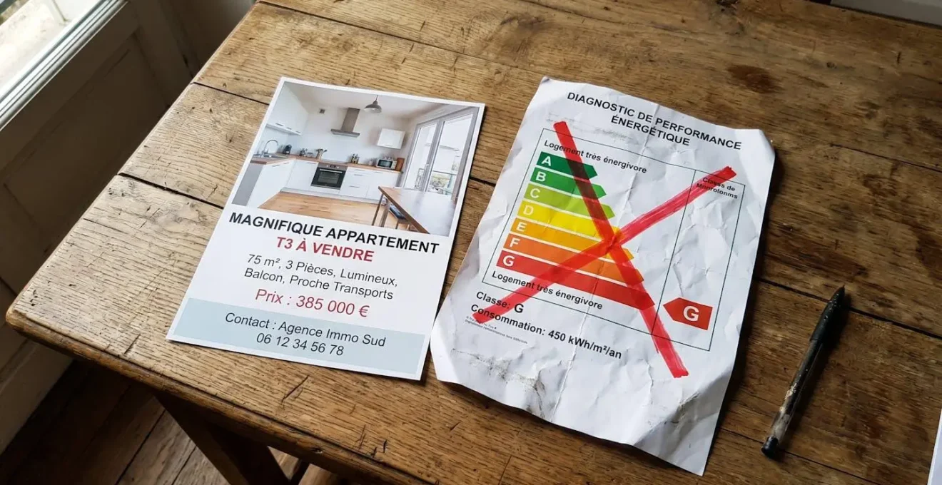 Un document DPE froissé avec une classe énergétique barrée en rouge, posé à côté d'une annonce.