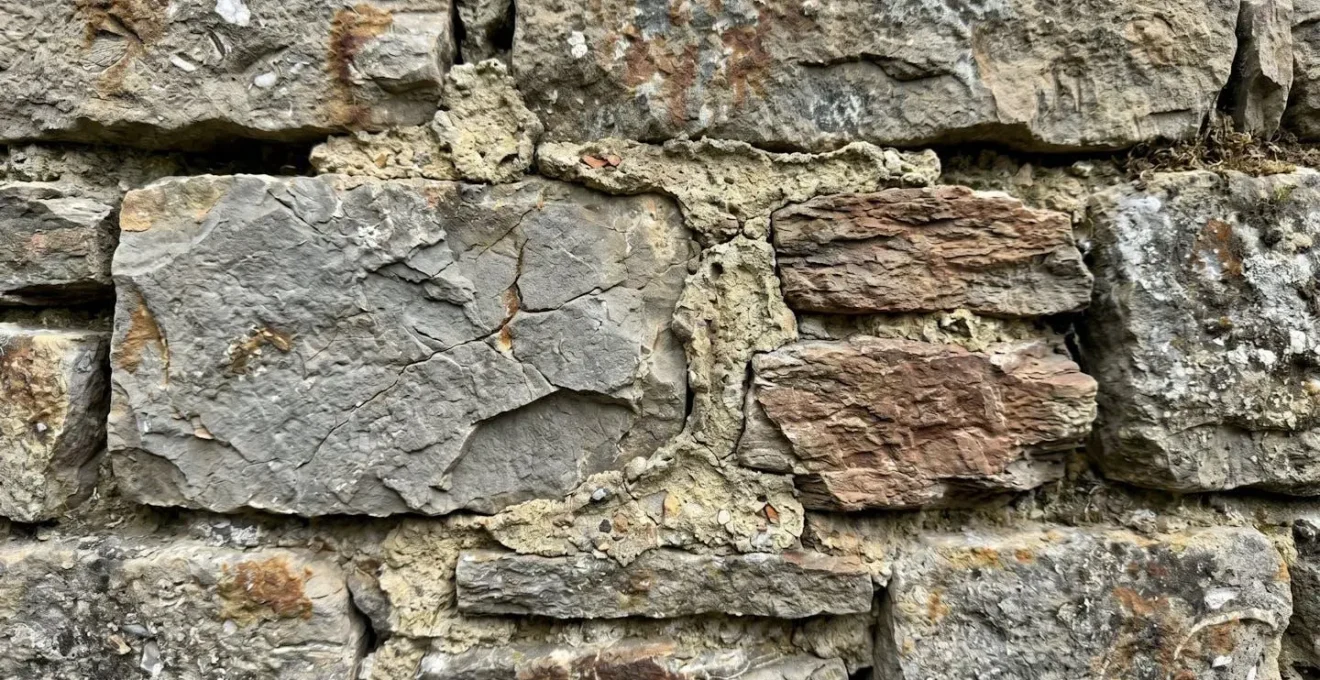Gros plan sur un mur en pierre apparente montrant la texture naturelle et les joints traditionnels