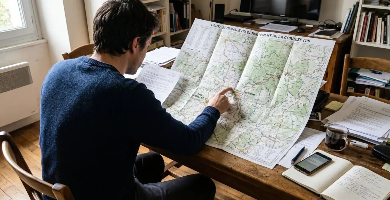 Personne de dos penchée sur une carte détaillée du département de la Corrèze posée sur une table