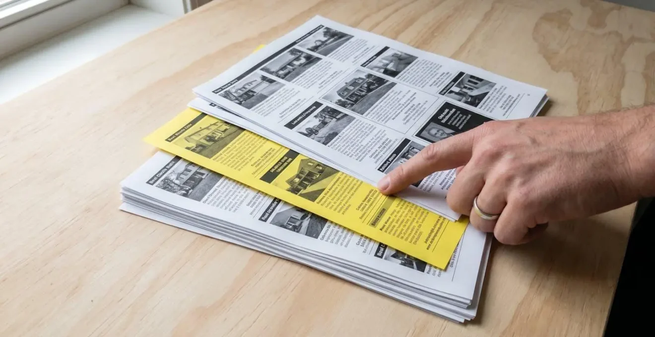 Une main posée sur une pile d'annonces, une feuille surlignée en jaune dépasse, symbole d'une opportunité dénichée.
