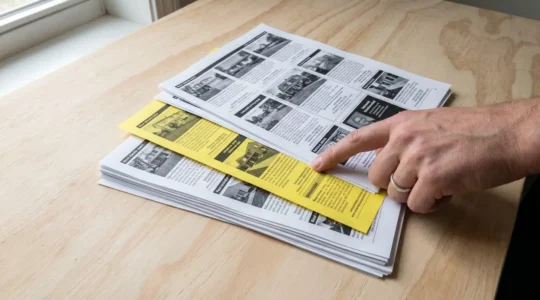 Une main posée sur une pile d'annonces, une feuille surlignée en jaune dépasse, symbole d'une opportunité dénichée.