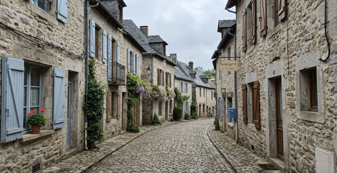 Rue pavée typique d'un village corrézien avec maisons en pierre apparente et toitures en ardoise