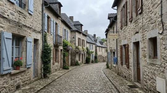 Rue pavée typique d'un village corrézien avec maisons en pierre apparente et toitures en ardoise
