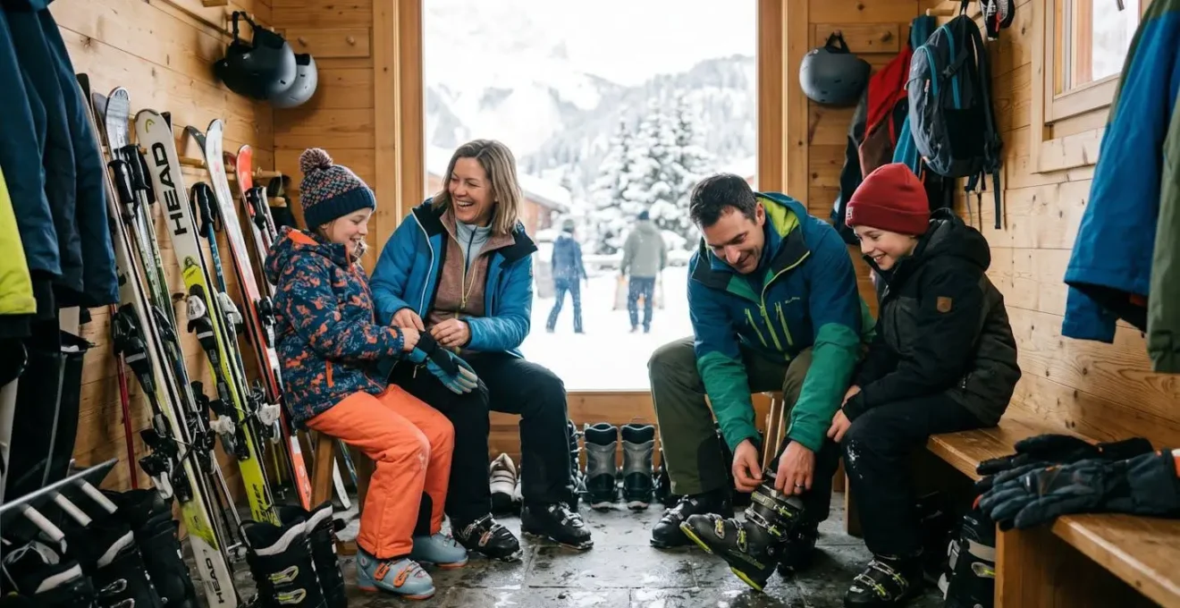 Famille de quatre personnes se préparant pour une journée de ski devant leur chalet à Courchevel, équipements et skis visibles