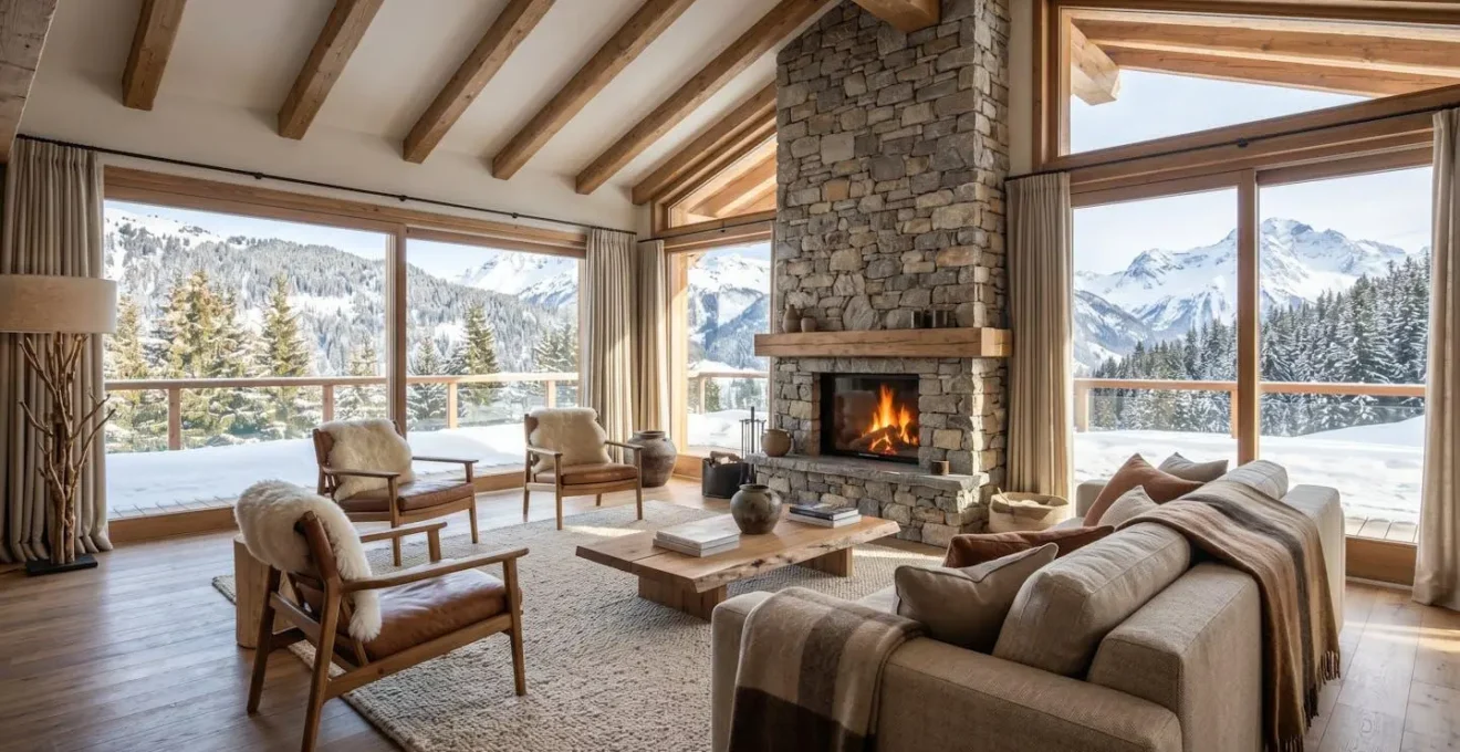 Intérieur de salon de chalet haut de gamme à Courchevel avec grandes baies vitrées, cheminée en pierre, mobilier en bois noble et vue montagne