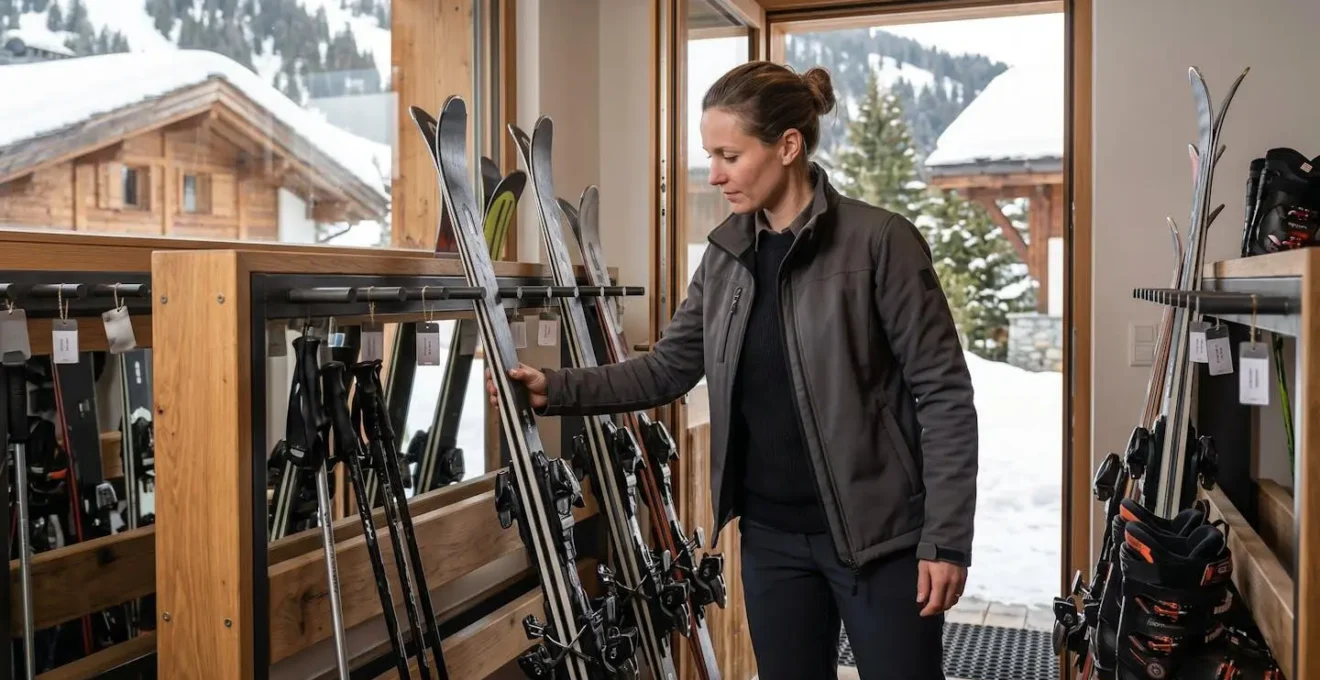 Professionnel de conciergerie organisant du matériel de ski haut de gamme avec étiquettes nominatives dans un local de station de ski