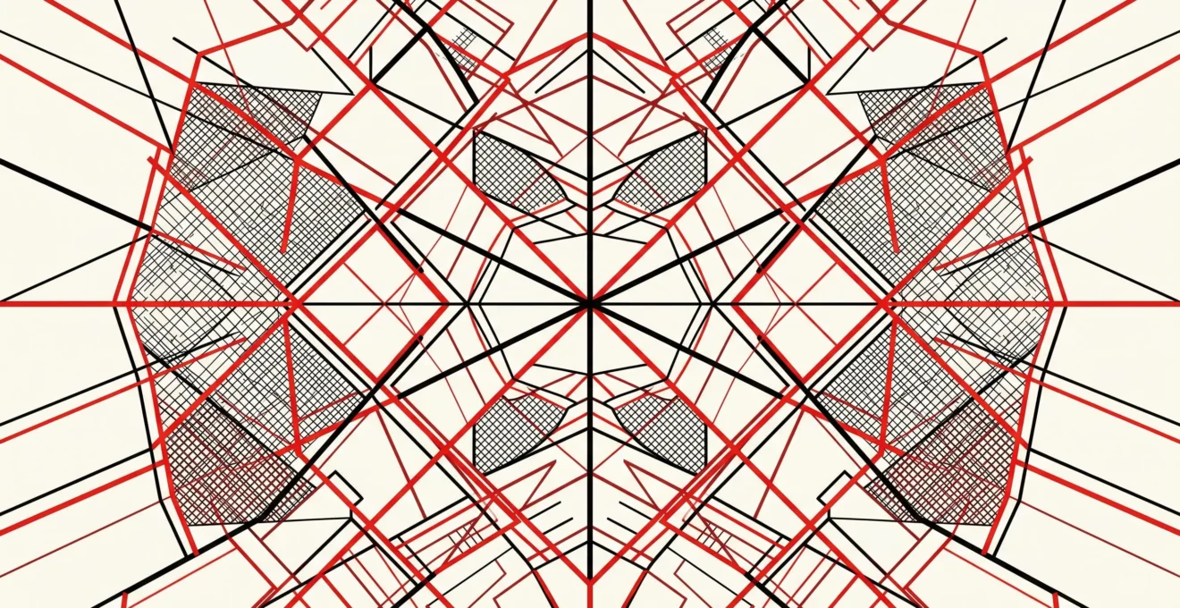 Composition abstraite de lignes géométriques rouges et noires s'entrecroisant sur fond blanc cassé, formant un réseau complexe avec zones fermées et ouvertes, évoquant un plan réglementaire