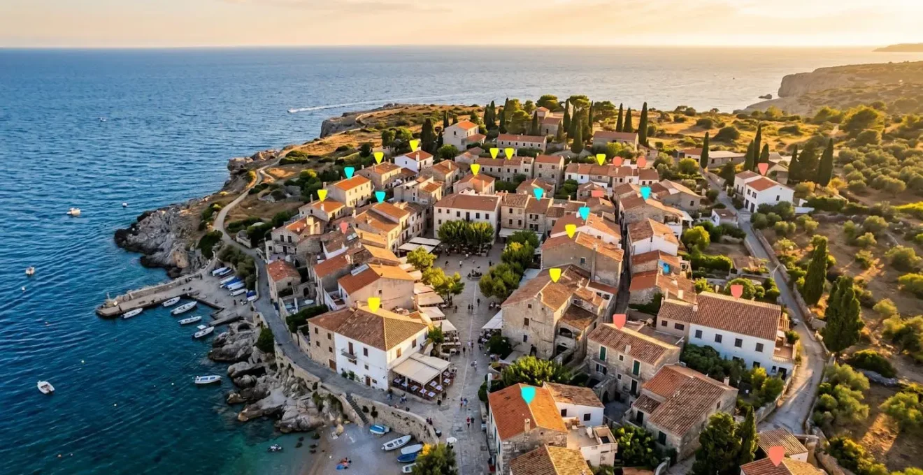 Vue aérienne d'un village méditerranéen ensoleillé avec des logements saisonniers identifiés, ambiance vacances côtières