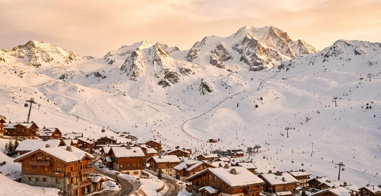 Vue panoramique de Courchevel en hiver avec chalets en altitude, pistes de ski enneigées et sommets alpins sous lumière dorée