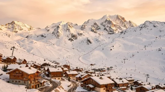 Vue panoramique de Courchevel en hiver avec chalets en altitude, pistes de ski enneigées et sommets alpins sous lumière dorée