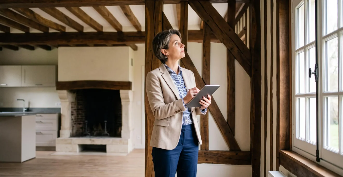 Agent immobilier professionnel examinant les poutres apparentes et colombages d'une maison normande traditionnelle lors d'une visite d'évaluation, tablette numérique en main, lumière naturelle douce
