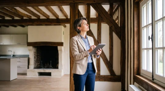 Agent immobilier professionnel examinant les poutres apparentes et colombages d'une maison normande traditionnelle lors d'une visite d'évaluation, tablette numérique en main, lumière naturelle douce