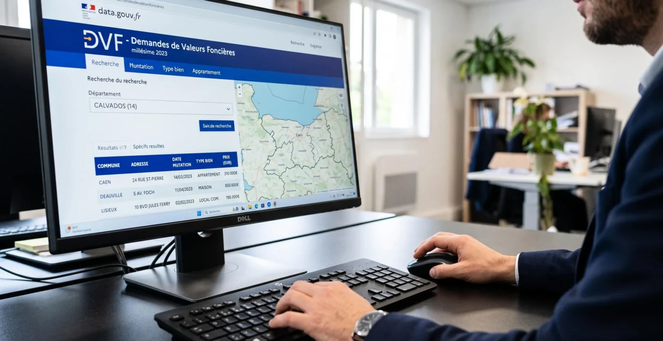 Écran d'ordinateur affichant l'interface DVF data.gouv.fr avec résultats de transactions immobilières du Calvados, mains d'utilisateur consultant les données, bureau contemporain
