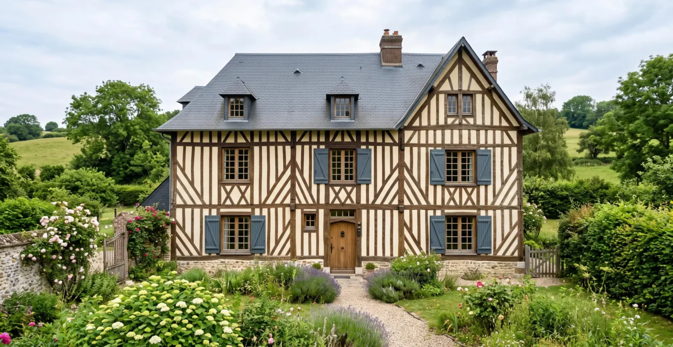 Façade extérieure d'une maison normande traditionnelle à colombages avec toiture ardoise, architecture de caractère bien entretenue, environnement verdoyant du Pays d'Auge
