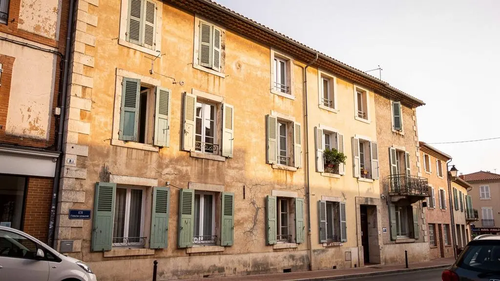 Façade d'immeuble résidentiel typique de Castelnaudary avec architecture du sud de la France