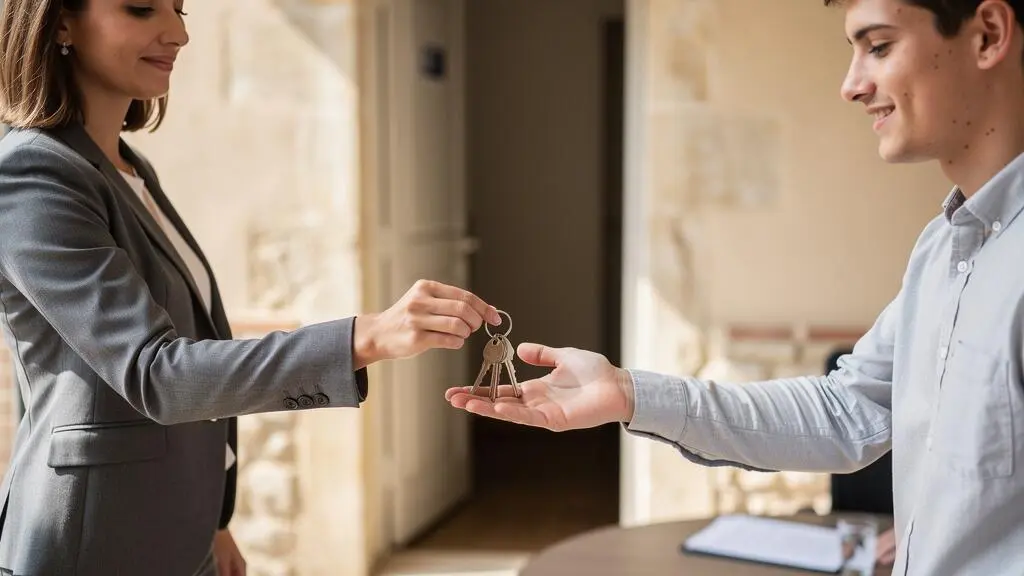 Agent immobilier remettant les clés d'un logement à un nouveau locataire