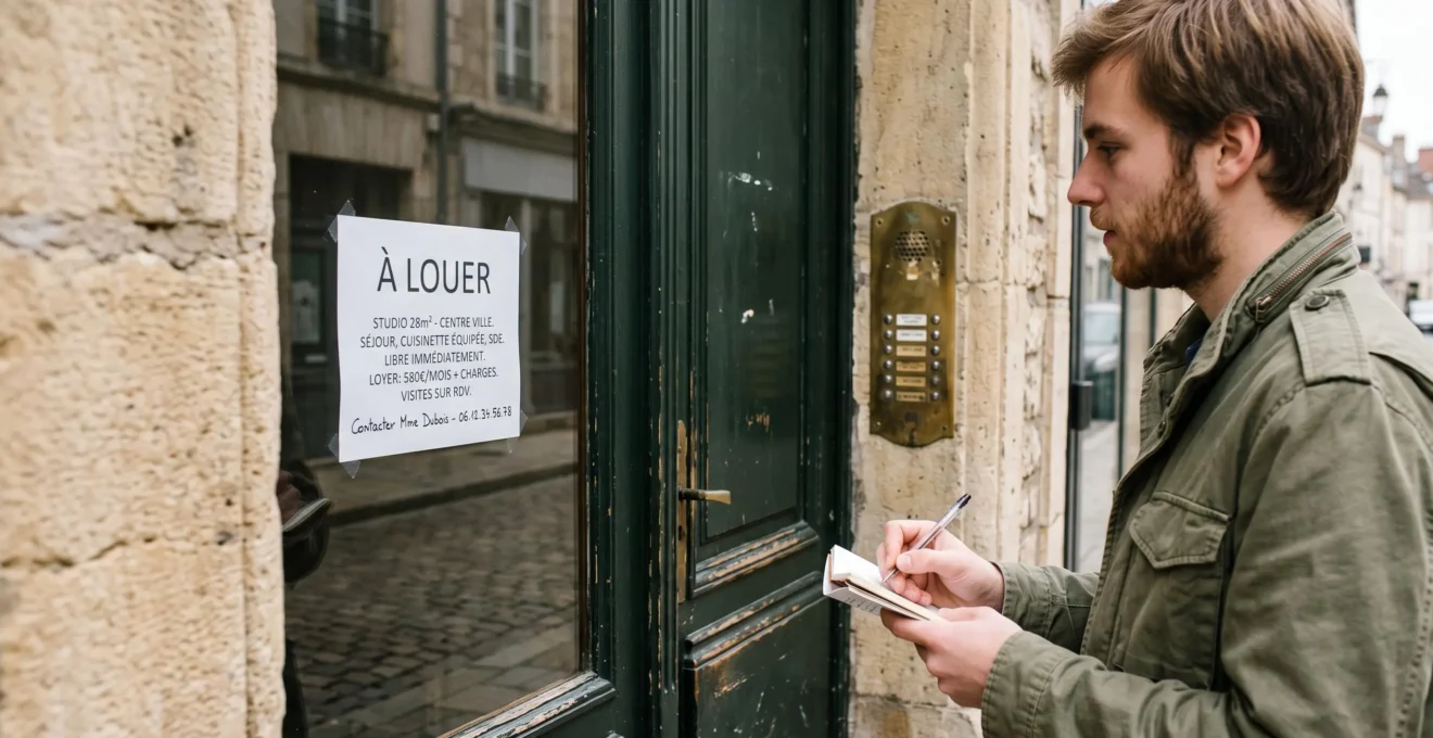 Une main tenant un carnet devant une affiche de location derrière la vitre d'une porte d'immeuble ancien à Dijon.
