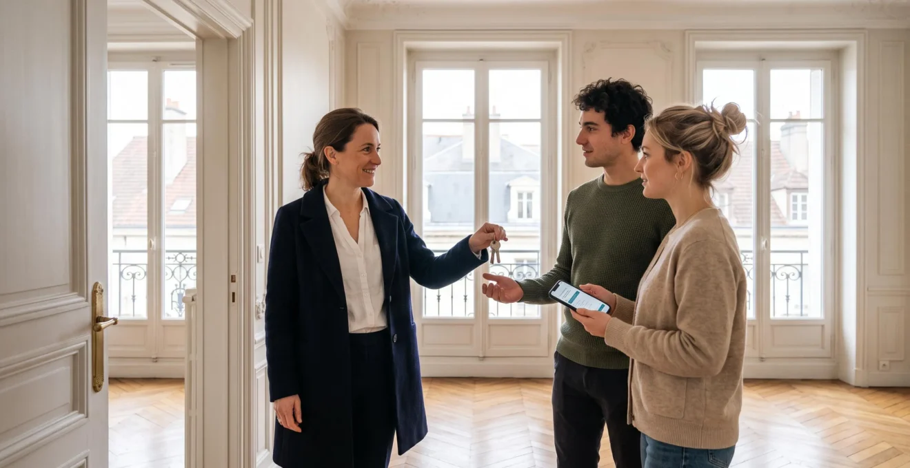 Une agente immobilière remet des clés à un couple visitant un appartement lumineux avec parquet et moulures dans le centre de Dijon.