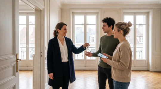 Une agente immobilière remet des clés à un couple visitant un appartement lumineux avec parquet et moulures dans le centre de Dijon.