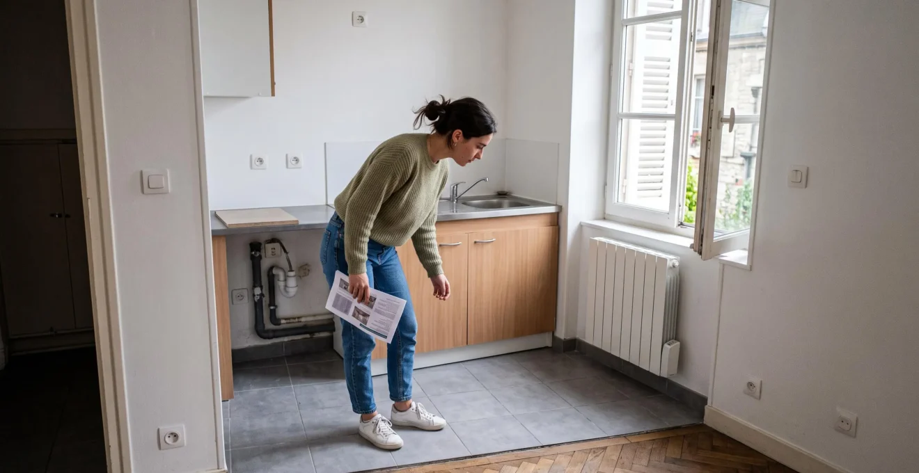 Une jeune femme inspecte le sol et la kitchenette d'un petit studio vide avant d'envisager la location, à Dijon.